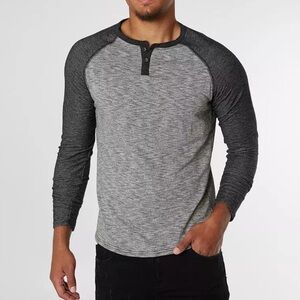 Men’s Buckle BKE Grey Button Faded Adams Raglan Henley Long Sleeve Shirt Top